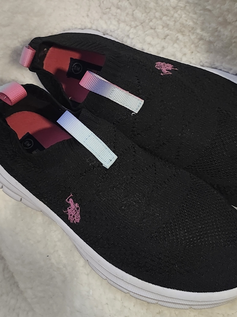 Ralph Lauren Slip-On Knit Sneakers in Black with Pink Logo